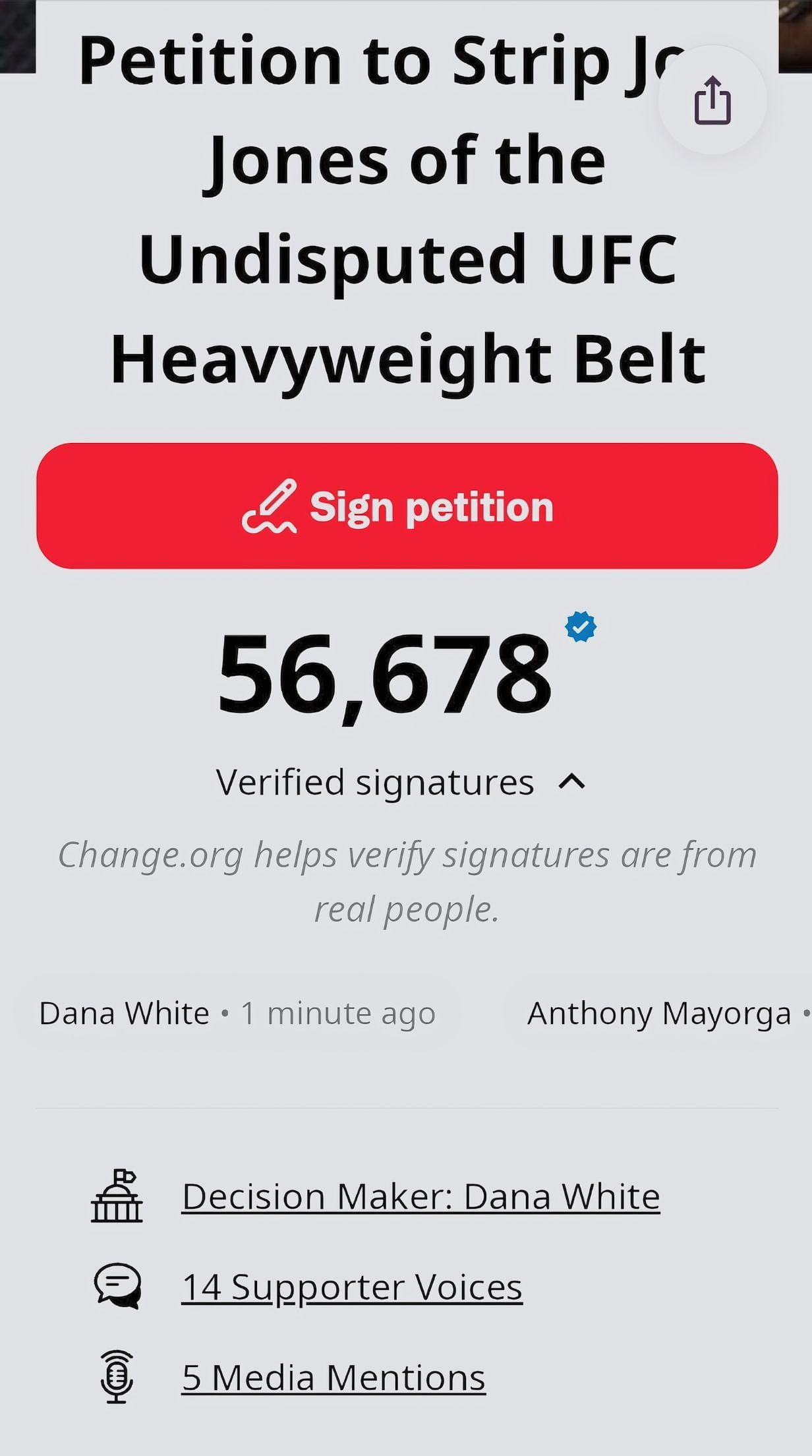 A screenshot of the fake Dana White's involvement in the petition
